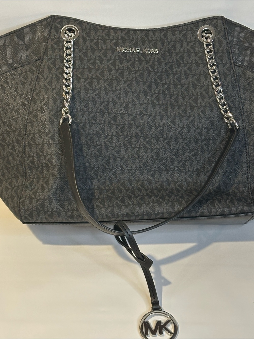 Michael Kors Gray MK Monogram Tote with Silver Chain Straps